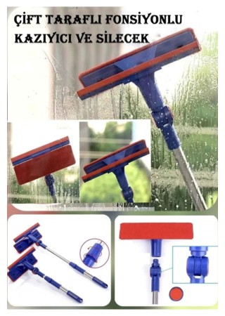 Teleskopik Mikrofiber Çift Taraflı Cam Silme Aparatı Çekçekli Silecek Pratik Teleskobik Silici