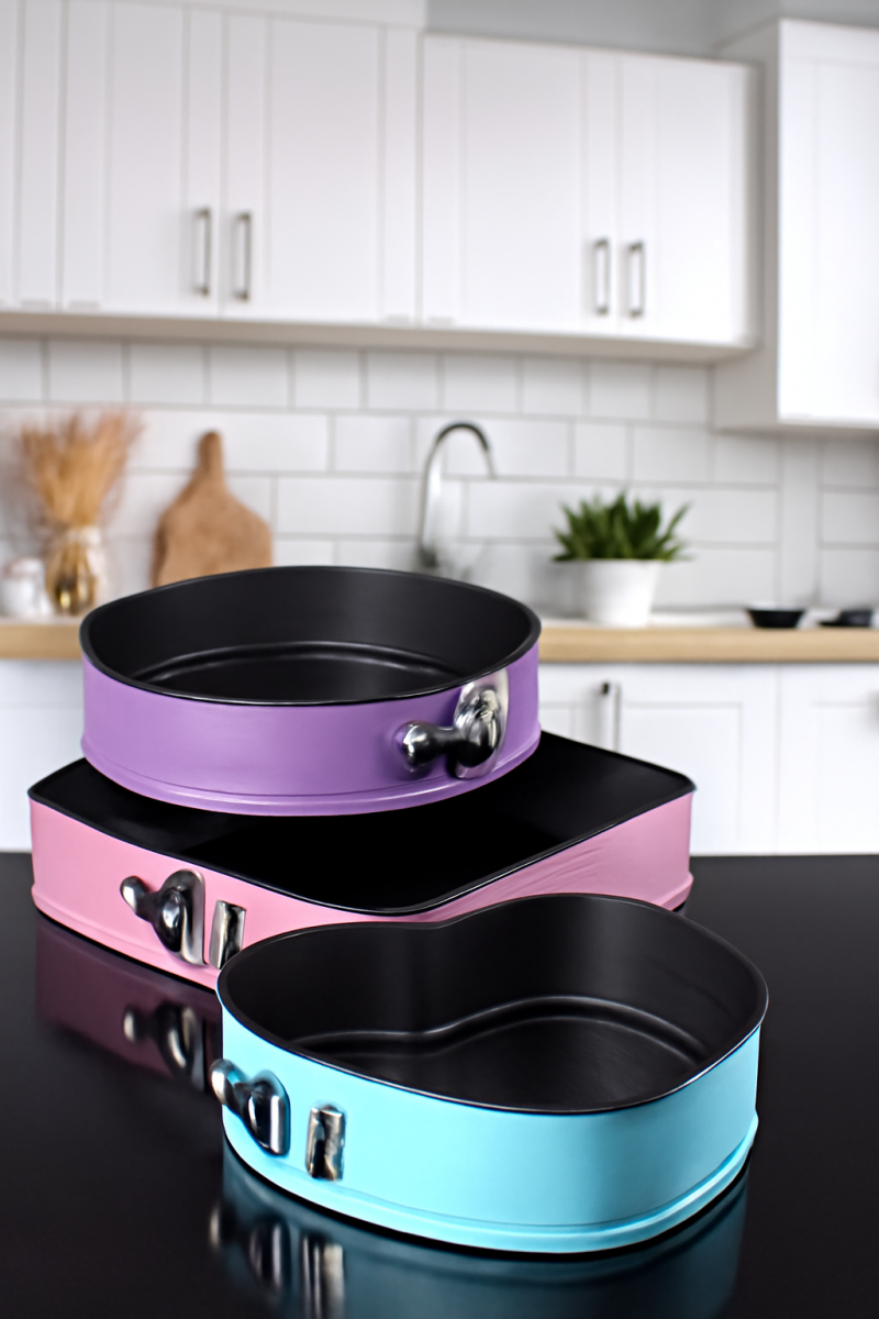  Kek Kalıbı Kelepçeli 3 Boy Kalp Kare Yuvarlak 3 Renkli 3'lü Kek Kalıbı Seti