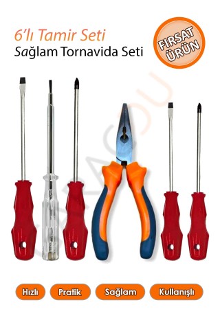 Tornavida Seti 6'lı Kaliteli Tamir Seti Yıldız Tornavida Düz Tornavida Karga Burun Kontrol Kalemi