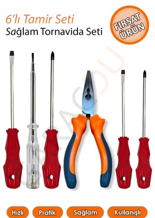 Tornavida Seti 6'lı Kaliteli Tamir Seti Yıldız Tornavida Düz Tornavida Karga Burun Kontrol Kalemi