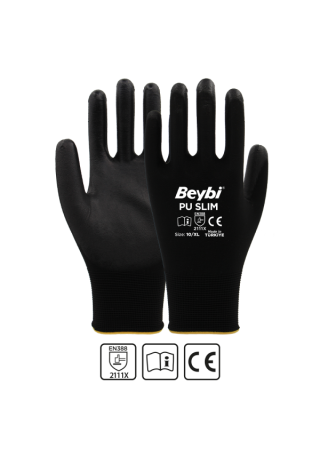 Beybi PU Touch Siyah 10 Beden 24 Çift Poliüretan Kaplı Polyester Örme Nitril İş Eldiveni