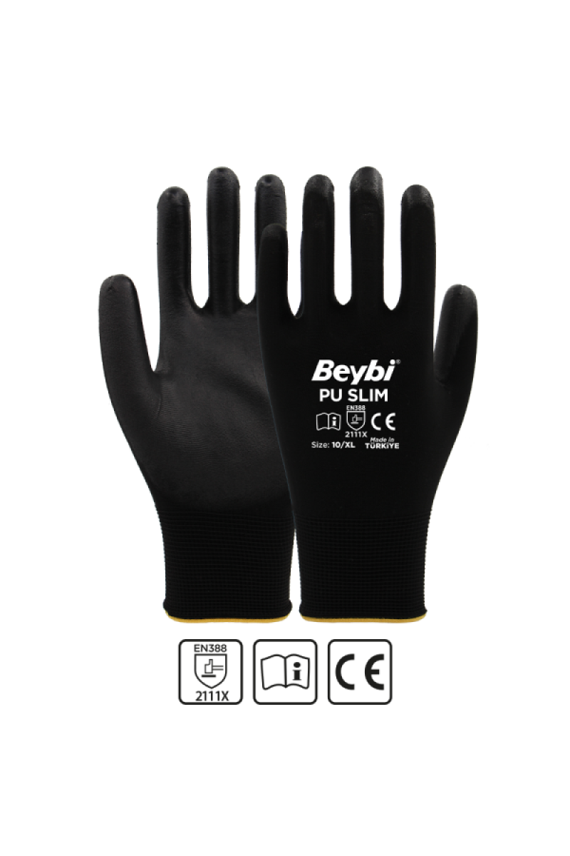 Beybi PU Touch Siyah 10 Beden Poliüretan Kaplı Polyester Örme Nitril İş Eldiveni