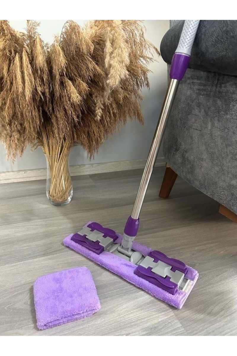 Mor-yeşil Mandallı / Kıskaçlı Istediğin Bezi Tak Yer Duvar Cam Silme Mopu (MİKROFİBER YEDEK BEZLİ)