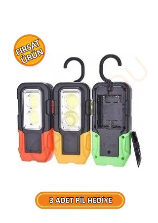 Araba Oto Ustaları İçin Mıknatıslı Askılı Oynar Başlı El Feneri Sarı - 3 Adet Pil Hediye