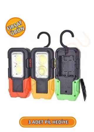 Araba Oto Ustaları İçin Mıknatıslı Askılı Oynar Başlı El Feneri Kırmızı - 3 Adet Pil Hediye