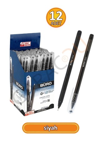Büro 1.0 mm Kaliteli Siyah Tükenmez Kalem 12 Adet