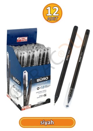 Büro 1.0 mm Kaliteli Siyah Tükenmez Kalem 12 Adet
