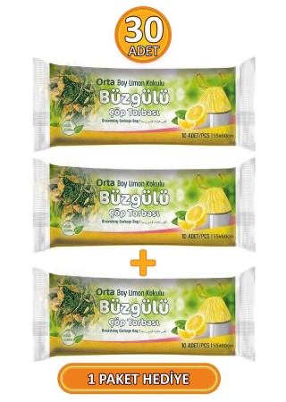 Orta Boy 55x60 Cm Büzgülü Limon Kokulu Çöp Poşeti 3 Paket - 30 Adet