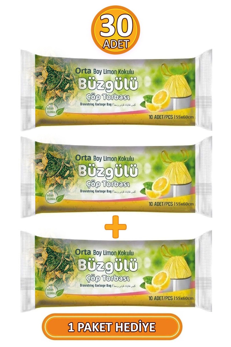 Orta Boy 55x60 Cm Büzgülü Limon Kokulu Çöp Poşeti 3 Paket - 30 Adet Orta Boy 55x60 Cm Büzgülü Limon Kokulu Çöp Poşeti 3 Paket - 30 Adet