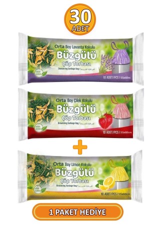 3 Paket - 30 Adet Orta Boy 55x60 Cm Büzgülü Kokulu Çöp Torbaları (LİMON KOKULU HEDİYE)