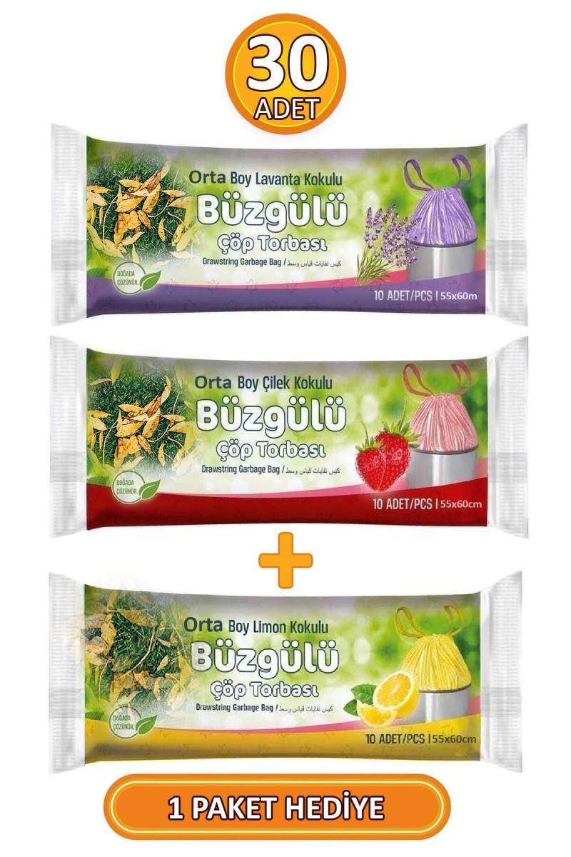 3 Paket - 30 Adet Orta Boy 55x60 Cm Büzgülü Kokulu Çöp Torbaları (LİMON KOKULU HEDİYE) 3 Paket - 30 Adet Orta Boy 55x60 Cm Büzgülü Kokulu Çöp Torbaları (LİMON KOKULU HEDİYE)