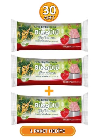 Orta Boy 55x60 Cm Büzgülü Çilek Kokulu Çöp Poşeti 3 Paket - 30 Adet