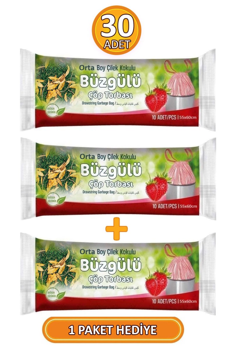 Orta Boy 55x60 Cm Büzgülü Çilek Kokulu Çöp Poşeti 3 Paket - 30 Adet Orta Boy 55x60 Cm Büzgülü Çilek Kokulu Çöp Poşeti 3 Paket - 30 Adet