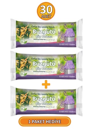 Orta Boy 55x60 Cm Büzgülü Lavanta Kokulu Çöp Poşeti 3 Paket - 30 Adet