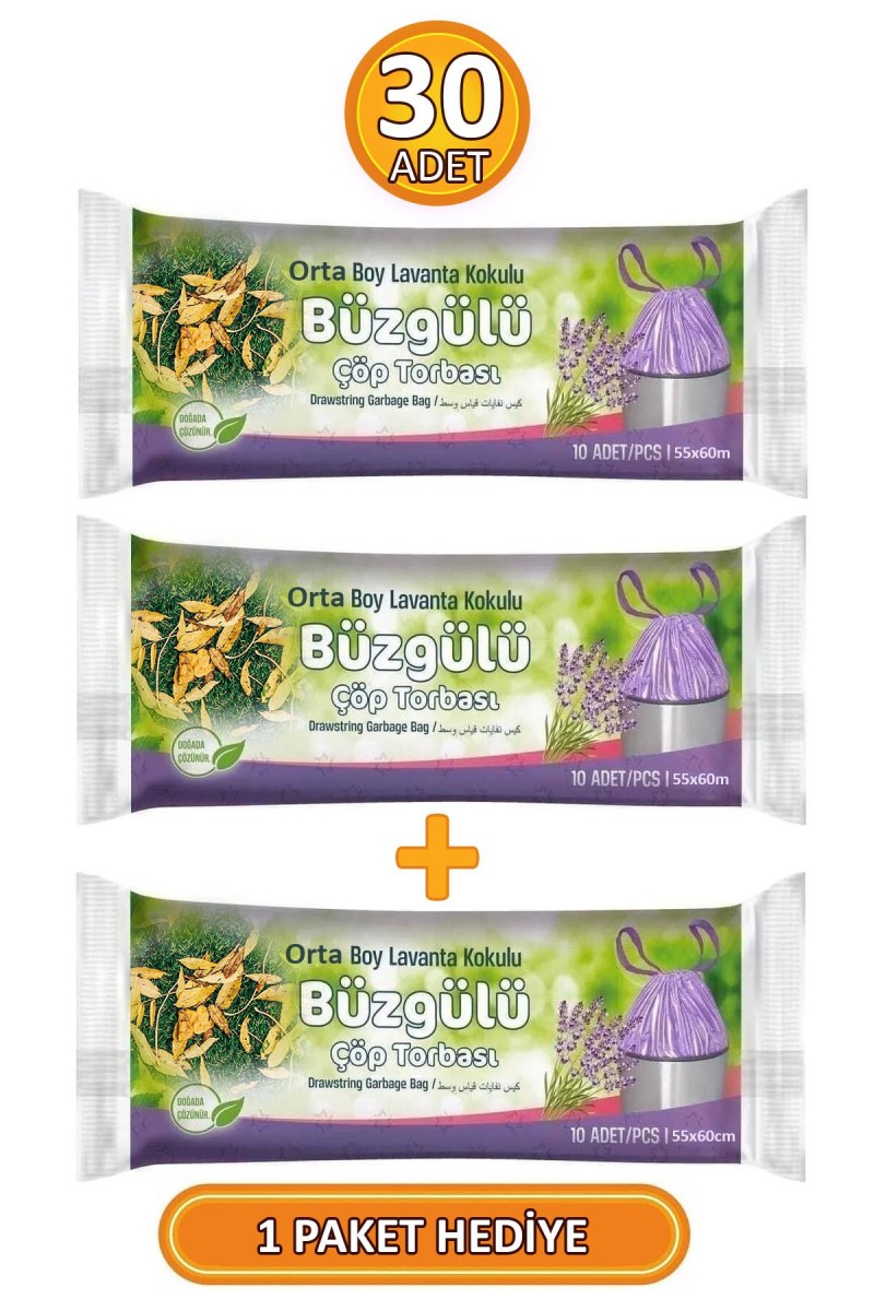 Orta Boy 55x60 Cm Büzgülü Lavanta Kokulu Çöp Poşeti 3 Paket - 30 Adet Orta Boy 55x60 Cm Büzgülü Lavanta Kokulu Çöp Poşeti 3 Paket - 30 Adet