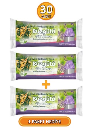 Büyük Boy 65x70 Cm Büzgülü Lavanta Kokulu Çöp Torbası 3 Paket - 30 Adet Çöp Poşeti