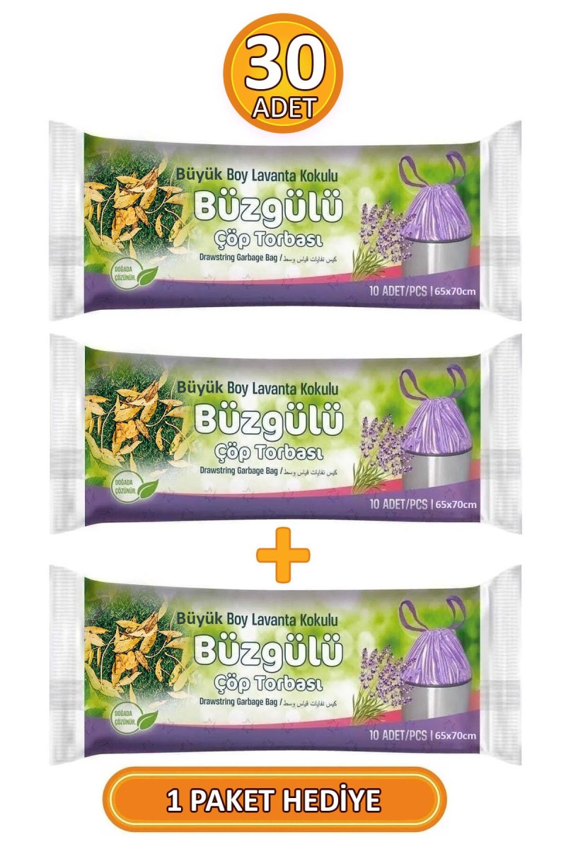Büyük Boy 65x70 Cm Büzgülü Lavanta Kokulu Çöp Torbası 3 Paket - 30 Adet Çöp Poşeti Büyük Boy 65x70 Cm Büzgülü Lavanta Kokulu Çöp Torbası 3 Paket - 30 Adet Çöp Poşeti