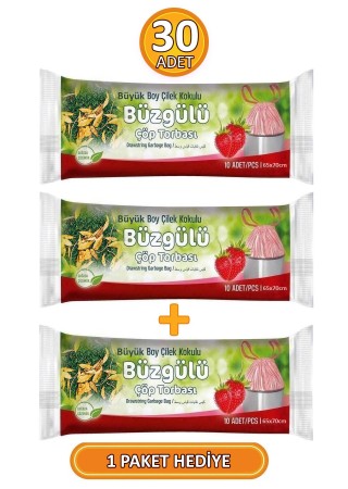Büyük Boy 65x70 cm Büzgülü Çilek Kokulu Çöp Torbası 3 Paket - 30 Adet
