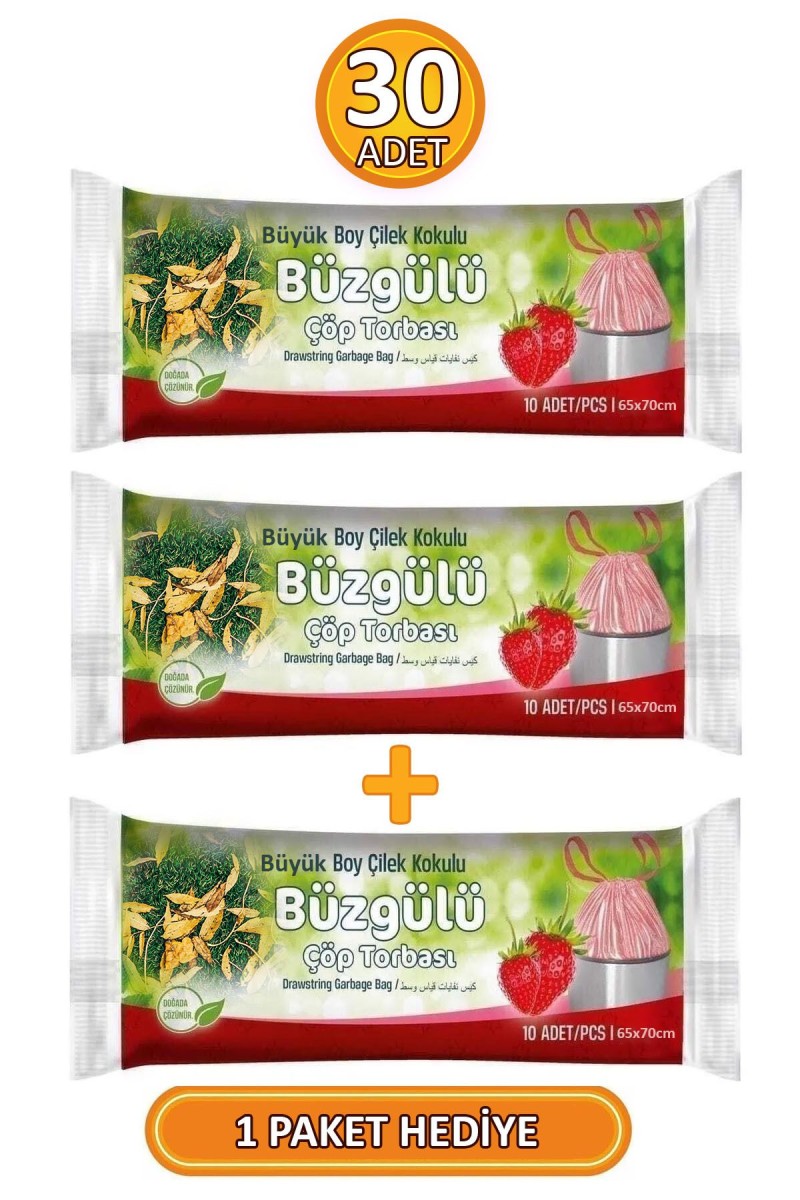 Büyük Boy 65x70 cm Büzgülü Çilek Kokulu Çöp Torbası 3 Paket - 30 Adet Büyük Boy 65x70 cm Büzgülü Çilek Kokulu Çöp Torbası 3 Paket - 30 Adet