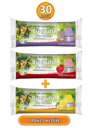 3 Paket - 30 Adet Büyük Boy 65x70 cm Büzgülü Kokulu Çöp Torbaları (LİMON KOKULU HEDİYE)