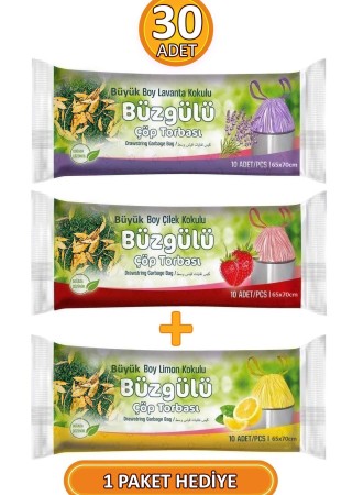 3 Paket - 30 Adet Büyük Boy 65x70 cm Büzgülü Kokulu Çöp Torbaları (LİMON KOKULU HEDİYE)