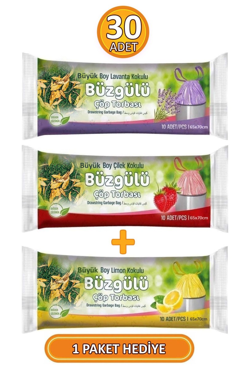 3 Paket - 30 Adet Büyük Boy 65x70 cm Büzgülü Kokulu Çöp Torbaları (LİMON KOKULU HEDİYE) 3 Paket - 30 Adet Büyük Boy 65x70 cm Büzgülü Kokulu Çöp Torbaları (LİMON KOKULU HEDİYE)
