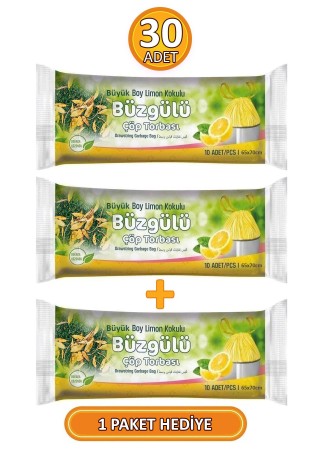 Büyük Boy 65x70 Cm Büzgülü Limon Kokulu Çöp Torbası 3 Paket - 30 Adet Çöp Poşeti