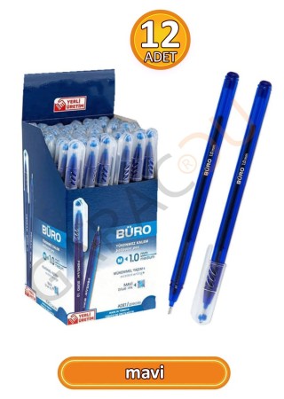 Büro 1.0 mm Kaliteli Mavi Tükenmez Kalem 12 Adet