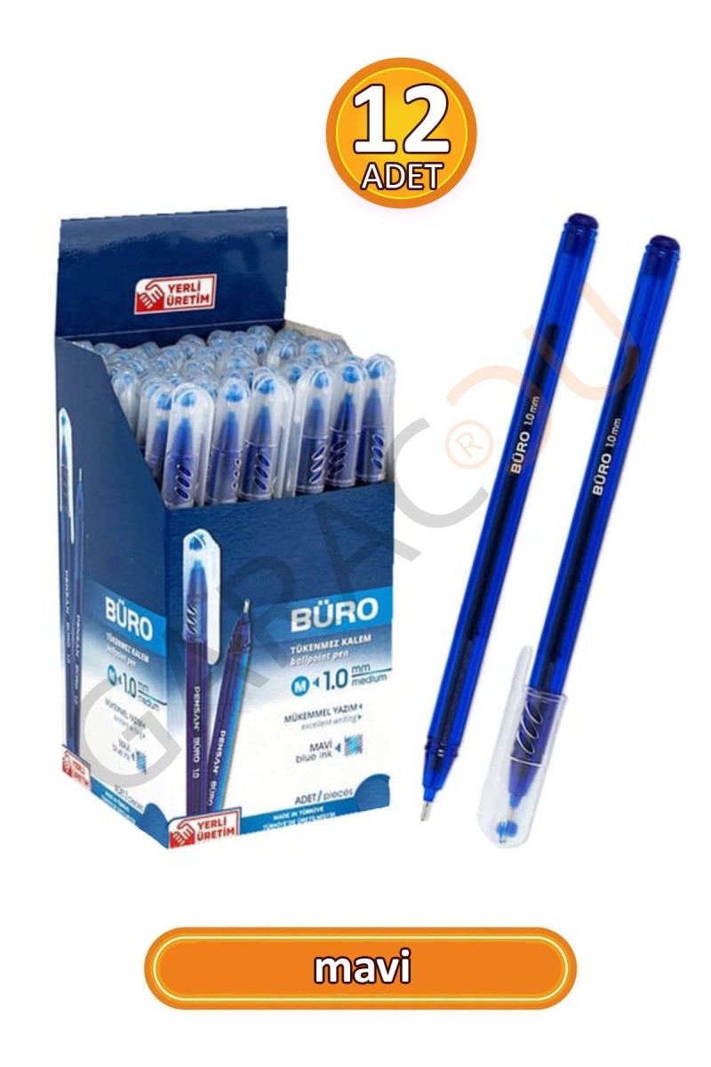 Büro 1.0 mm Kaliteli Mavi Tükenmez Kalem 12 Adet Büro 1.0 mm Kaliteli Mavi Tükenmez Kalem 12 Adet