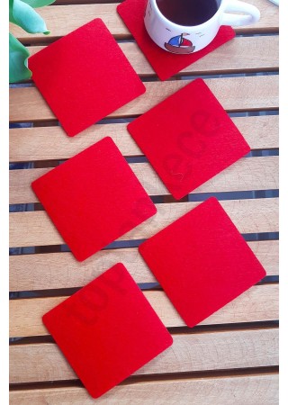 Şık Keçe Kare Bardak Altlıkları Kırmızı 6'lı Set