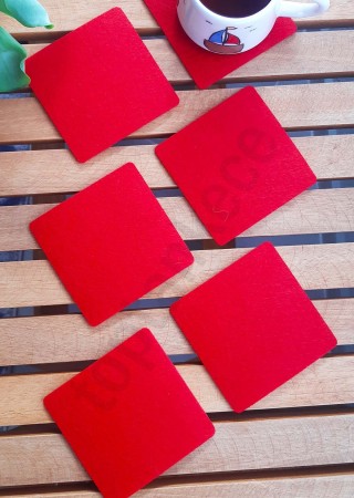 Şık Keçe Kare Bardak Altlıkları Kırmızı 6'lı Set