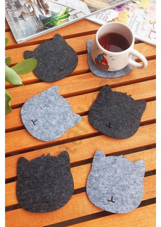 Kedi Temalı Bardak Altlığı Gri 6 Adet