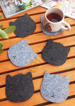 Kedi Temalı Bardak Altlığı Gri 6 Adet