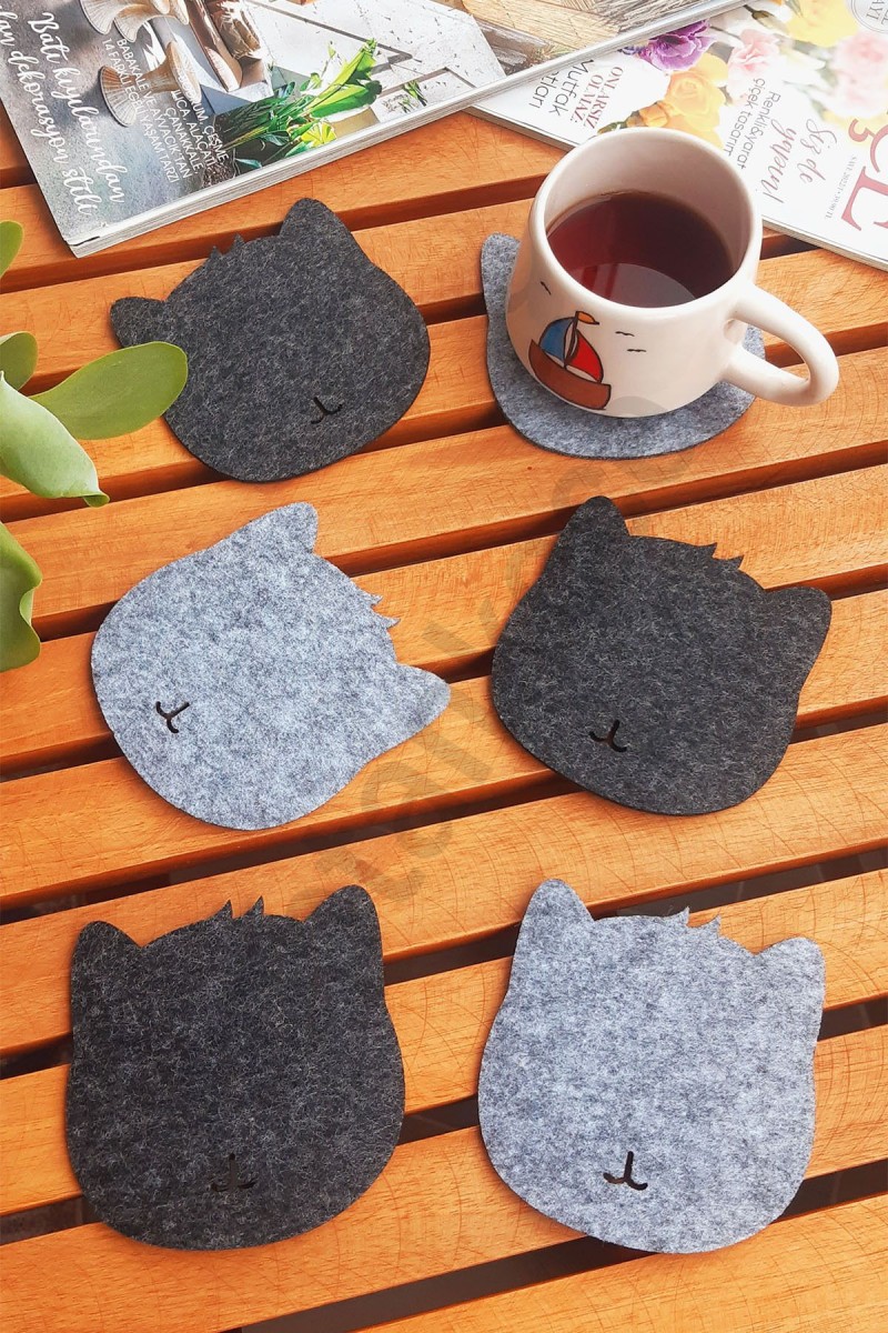 Kedi Temalı Bardak Altlığı Gri 6 Adet Kedi Temalı Bardak Altlığı Gri 6 Adet