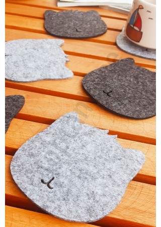 Kedi Temalı Bardak Altlığı Gri 6 Adet