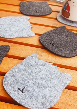 Kedi Temalı Bardak Altlığı Gri 6 Adet