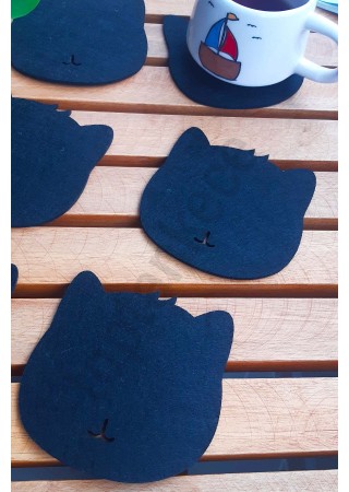 Kedi Temalı Bardak Altlığı Siyah 6'lı Set