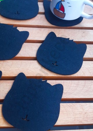 Kedi Temalı Bardak Altlığı Siyah 6'lı Set