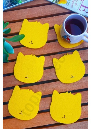 Kedi Temalı Bardak Altlığı Sarı 6'lı Set