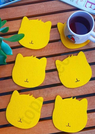 Kedi Temalı Bardak Altlığı Sarı 6'lı Set