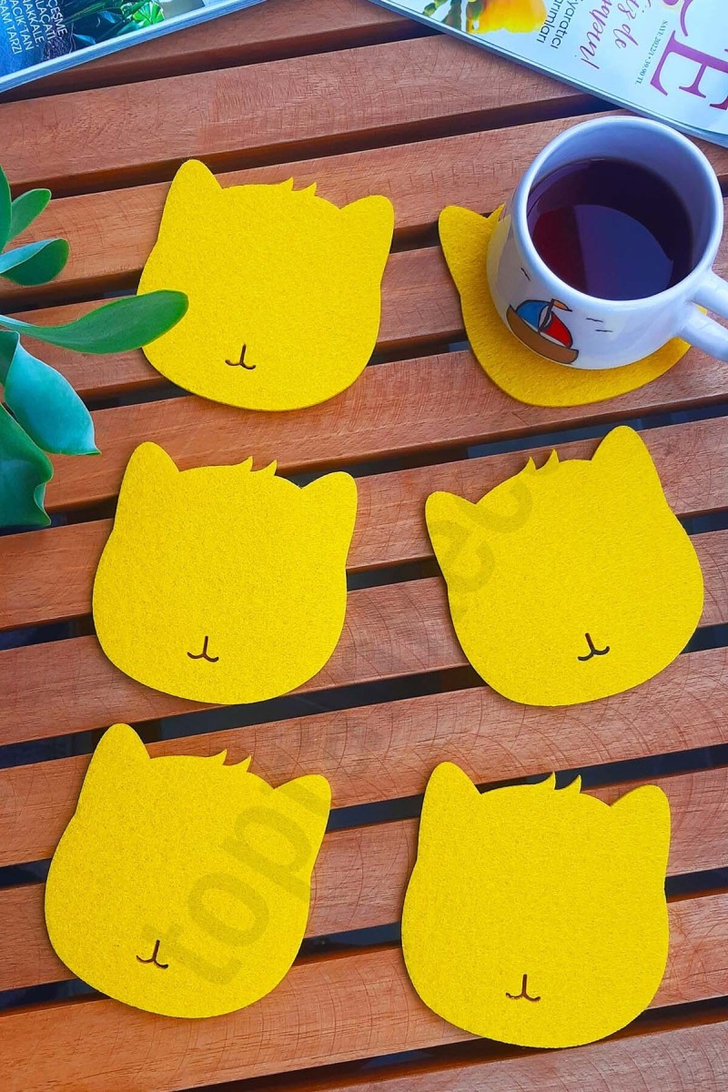 Kedi Temalı Bardak Altlığı Sarı 6'lı Set Kedi Temalı Bardak Altlığı Sarı 6'lı Set