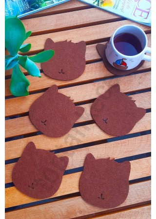 Kedi Temalı Bardak Altlığı Kahverengi 6'lı Set