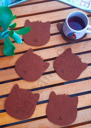 Kedi Temalı Bardak Altlığı Kahverengi 6'lı Set