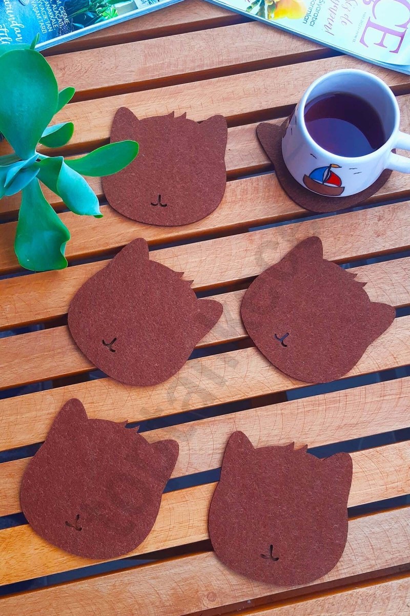 Kedi Temalı Bardak Altlığı Kahverengi 6'lı Set Kedi Temalı Bardak Altlığı Kahverengi 6'lı Set
