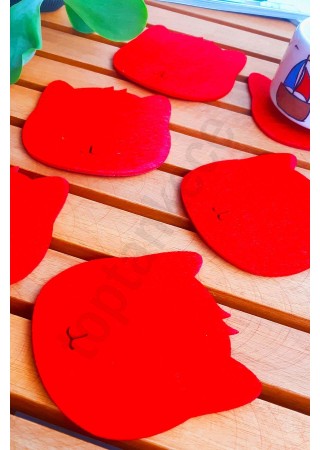 Kedi Temalı Bardak Altlığı Kırmızı 6'lı Set