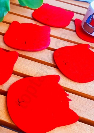 Kedi Temalı Bardak Altlığı Kırmızı 6'lı Set