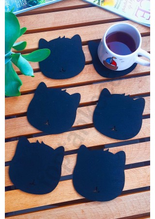 Kedi Temalı Bardak Altlığı Siyah 6'lı Set