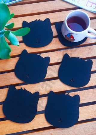 Kedi Temalı Bardak Altlığı Siyah 6'lı Set