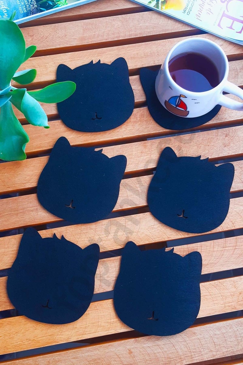 Kedi Temalı Bardak Altlığı Siyah 6'lı Set Kedi Temalı Bardak Altlığı Siyah 6'lı Set
