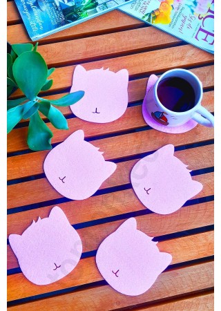 Kedi Temalı Bardak Altlığı Pembe 6'lı Set